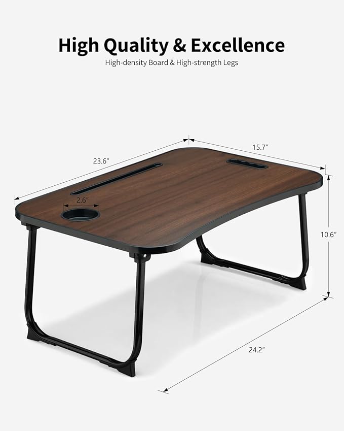 Foldable Lap Desk, Laptop Bed Desk, Portable Lap Table, Laptop Bed Table with Cup Holder & Tablet Slot & Lifting Handle for Working Writing Drawing & Eating - Walnut Brown