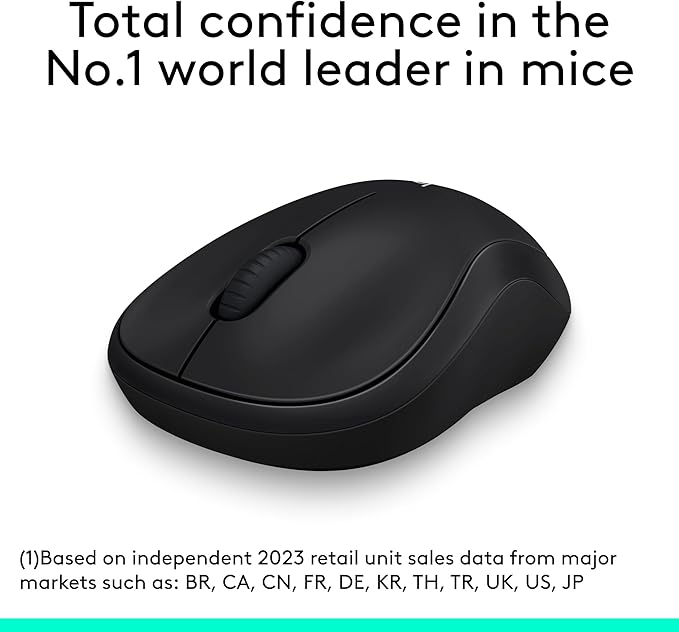 Logitech M185 Wireless Mouse, 2.4GHz with USB Mini Receiver, 12-Month Battery Life, 1000 DPI Optical Tracking, Ambidextrous, Compatible with PC, Mac, Laptop - Black