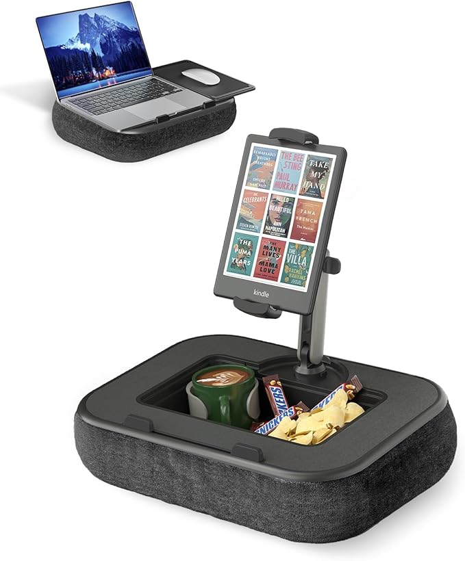 Viozon Kindle Pillow Stand Holder, Phone holder for Bed, Laptop Lap Desk with Mouse Pad,Compatible with 4.7-13" Kindle/Tablet/Phone,10-15"Laptop, Snack Bowl&Cup Attachment&Detachable 360°Stand Arm, B