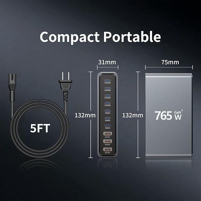 765W 10-Port GaN 3 Desktop Charging Station for Phones, Tablets, Laptops, Smartwatches & Earphones - Home, Office & Travel Compatible