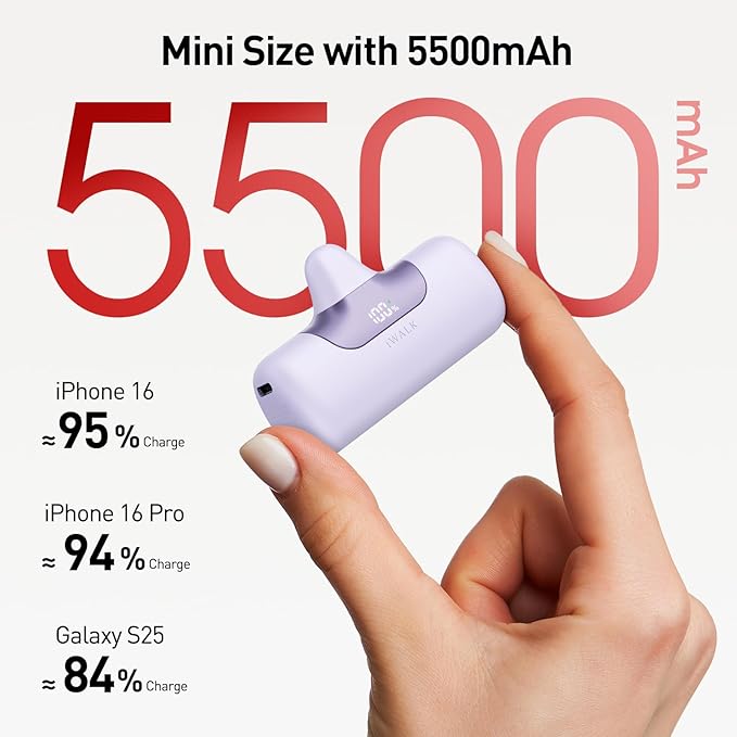 iWALK Portable Charger 5500mAh Next-Gen Small Power Bank 22.5W Fast Charging Battery USB-C Portable Phone Charger for iPhone 17/16/15 17 Plus 17 Pro Max iPad, Samsung Galaxy S25 S24 S23 Android,Purple