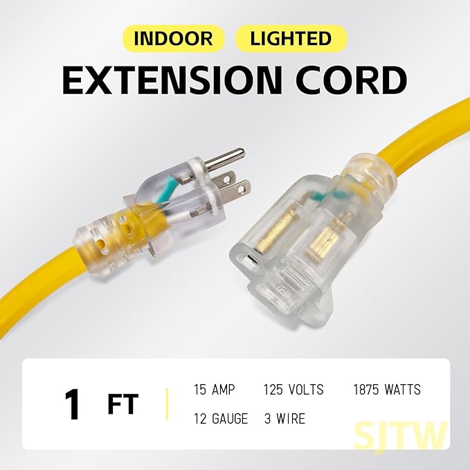 EP 1 ft Lighted Extension Cord - 12/3 SJTW Heavy Duty Yellow Extension Cable with 3 Prong Grounded Plug - 15AMP Power Cord for Lawn, Garden, Appliances