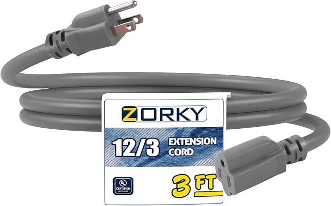 3ft Indoor Extension Cord - 12/3 SJTW Heavy Duty Extension Cable with 3 Prong Grounded Plug for Safety -15Amp 1875W Gray Electric Cord Great for Garden, Appliances