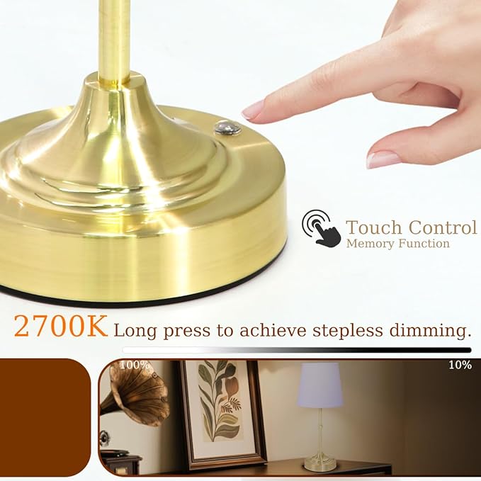 Cordless Lamp, Rechargeable Battery-Operated Lamp with Fabric Lampshades, 2 Pack Dimmable Desk Lamps for Kitchen, Bedroom, Living Room, Nightstand, Balcony, Home Décor (Gold)
