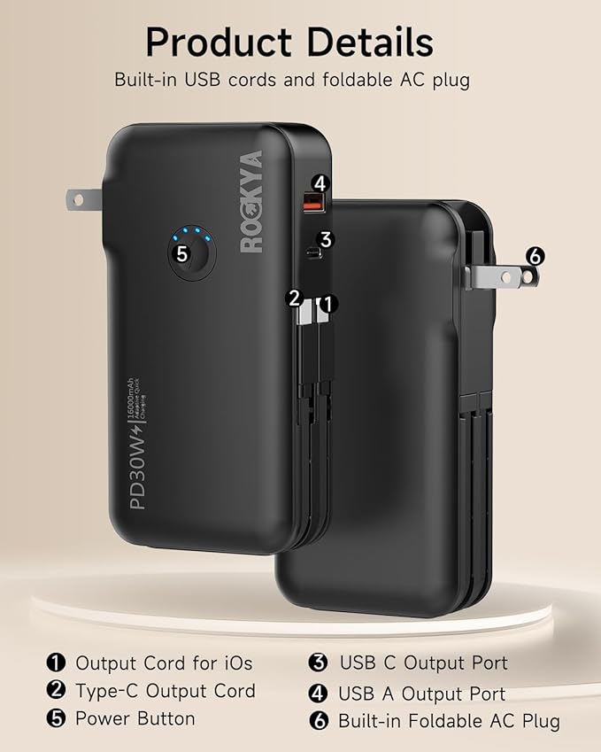 Portable Charger with AC Wall Plug and Built in Cables,PD 30W Fast Charging USB C Power Bank 16000mAh with 4 outputs,Travel Battery Pack Compatible with iPhone 16 15,MacBook,Pad,Samsung (Black)