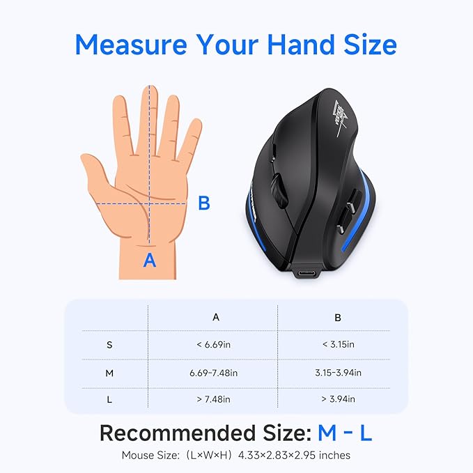 ECHTPower Ergonomic Wireless Mouse, Bluetooth Vertical Mouse with LED Light, Control Up to 3 Devices (BT5.0+BT5.0+2.4GHz), Adjustable DPI 2400/1600/1000, for PC, Laptop, Mac, Windows