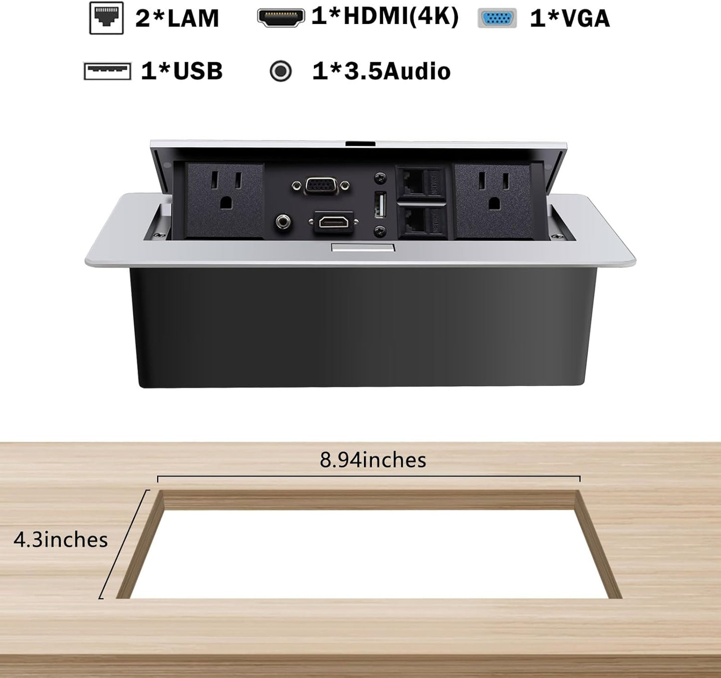 Pop Up Outlet; Pop up Power Strip; Embedded countertop Connection Outlet Box; 2 Outlets Max Power 1875W,HDMI USB VGA 3.5mm Audio Network Port Conference Table Multimedia Outlet Box -Silver