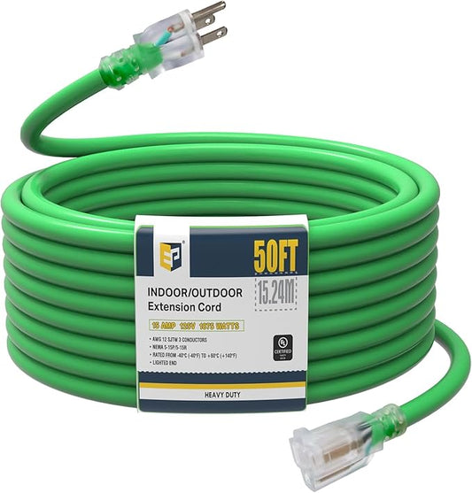 EP 50Ft Outdoor Extension Cord, 12/3 SJTW Heavy Duty Waterproof Power Cable, 3 Prong Grounded Plug, Lighted End, for Lawn, Garden, Appliances, Green