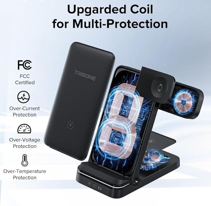 Wireless Charger, Tribone 3 in 1 Foldable Fast Charger for iPhone 17 16 15 14 13 12 11 Pro Max XR XS 8 Plus，for Apple Watch 10 9 8 7 6 5 4 3 2 SE Ultra,for AirPods Pro 4 3 2, Black