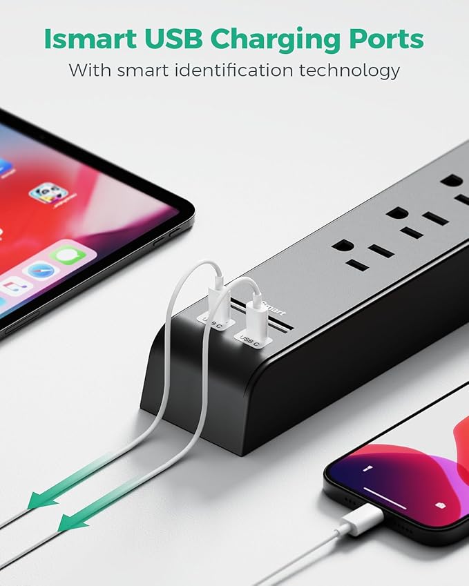 15FT Power Strip Surge Protector - 2 Pack Extension Cord with 6 Outlets 4 USB Ports, Flat Plug, 900 Joules, 15A Circuit Breaker, Wall Mount for Home Office Dorm