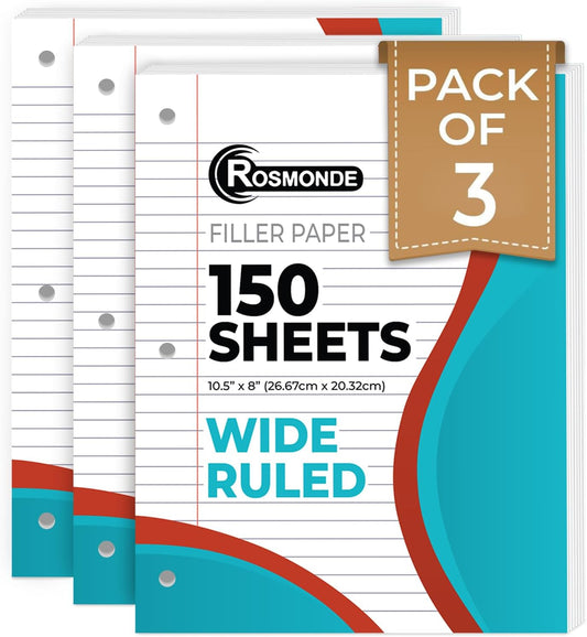 Loose Leaf Paper, 450 Sheets, 3 Pack, 56 gsm Wide Ruled Sheets, 8" x 10.5", Bulk Notebook Paper, 3 Hole Punched, 150 Sheets/Pack, Wide Ruled Paper for Binders, Loose Leaf Office Paper, White