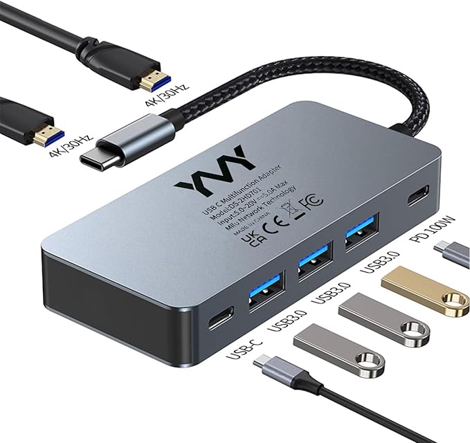 USB C to Dual HDMI Docking Station, USB C to Dual HDMI(4K@30Hz) Multiport Adapter, Type C Hub with 2 HD Monitors, 100W PD All in one for Dell HP MacBook Laptop (7 in 1 2HDMI+3USB3.0