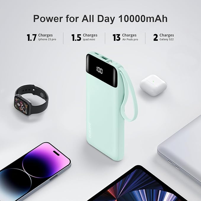 Power Bank 10000mAh Portable Charger with 4 Built-in Cables, Type-C in & Out Phone Charger, External Battery Charger Pack & Travel Essential for iPhone 16/15/14, Samsung, iPad, Android