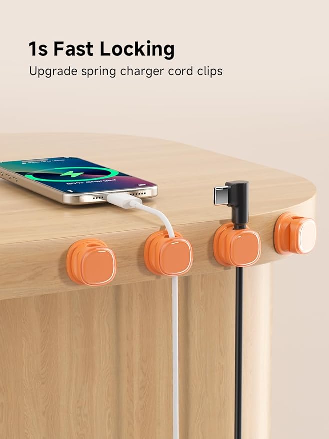 9 Pack Cord Organizer, Spring Cable Management, Adhesive Cute Cable Holder Clips, Phone Charger Wire Keeper for Desk Nightstand Car Office (9-Pack Orange)