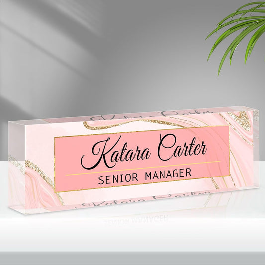 Name Plate for Desk Personalized, Acrylic Desk Decorations, Employee Appreciation Gifts, Custom Office Gifts for Coworkers, Boss, Teacher, Nurse (Pink Gold Marble)