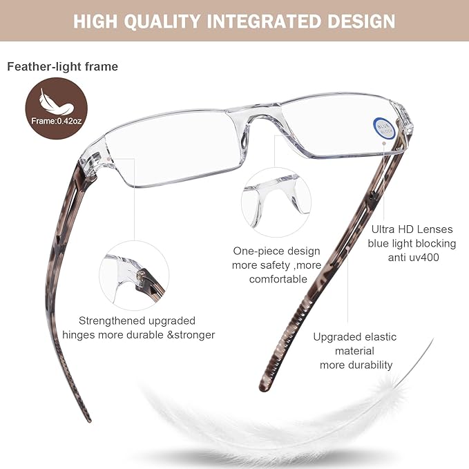 AQWANO 5 Pack Rimless Computer Reading Glasses, Fashion Clear Frame Designer Readers for Women Men Lightweight & Comfortable Filter Blue Light Anti Glare/Eyestrain, 2.75