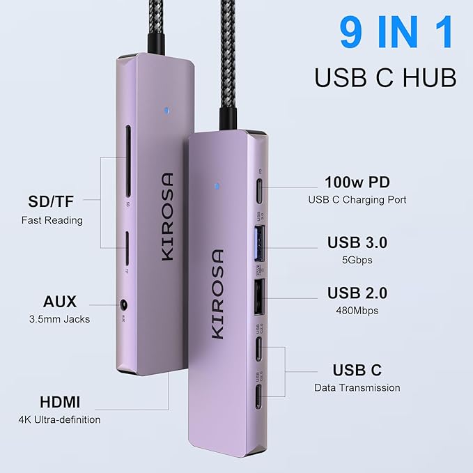 KIROSA USB-C Hub, 9 Ports USB 3.0, 4K DisplayPort, HDMI, USB Type-C