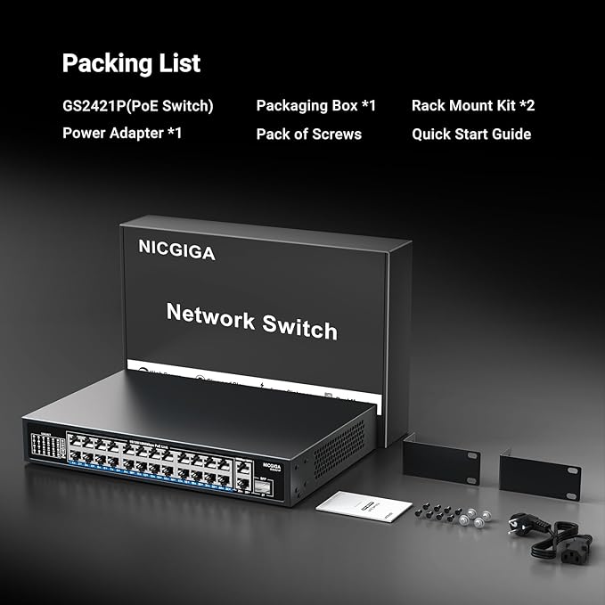 NICGIGA 24-Port Gigabit PoE Switch with 24 PoE+@300W, 2 Gigabit Uplink Ports, 1 SFP, Sturdy Metal for Desktop/Rack Mount, Plug and Play, Unmanaged Power Over Ethernet Switch