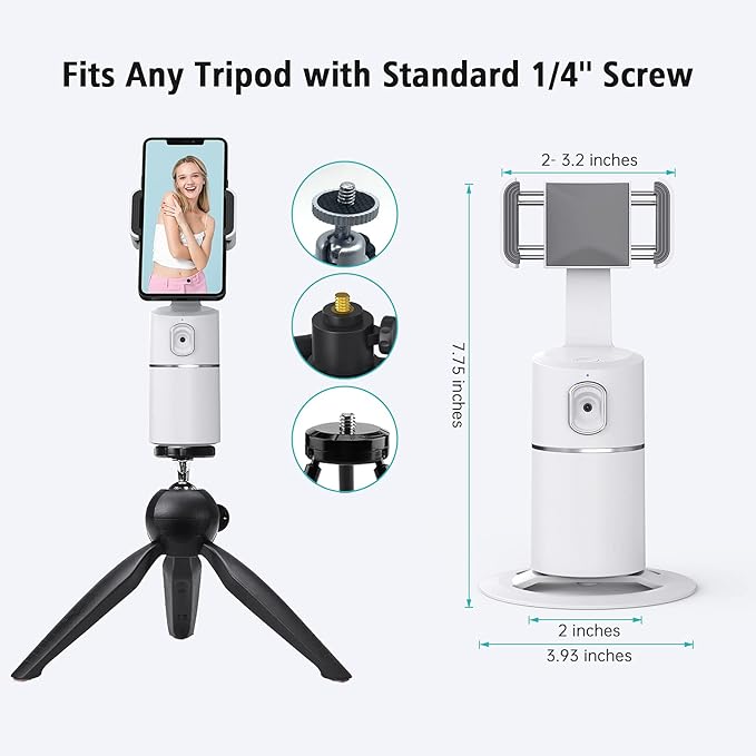 Auto Face Tracking Phone Holder, No App Required, 360° Rotation Face Body Phone Tracking Tripod Smart Shooting Camera Mount for Live Vlog Streaming Video, Rechargeable Battery-White