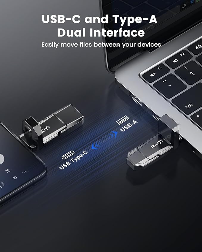 RAOYI 512GB USB C External SSD, 2-in-1 Solid State Drive Up to 450MB/s Dual USB 3.2 + Type-C Thumb Drive Portable SSD Drive for iPhone 15/16, Android, Tablet, PC and PS4