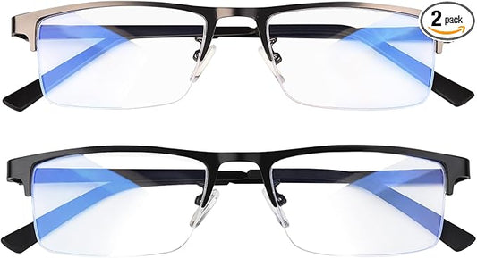 Blue Light Blocking Glasses, Lightweight Metal Half Frame Computer Reading/Gaming/TV/Phones Glasses,Filter UV Ray/Computer Glare with Spring Hinge Eyeglasses(Black+Gray)