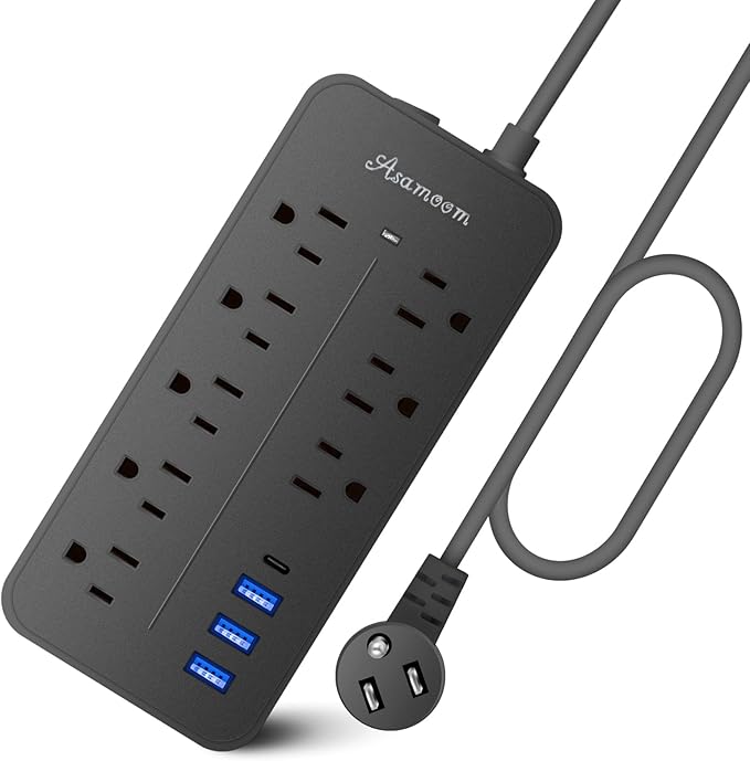 15FT Surge Protector Power Strip Extension Cord with USB C, Asamoom Flat Plug Power Strip with Long Cord, 8 Outlets and 3 USB A & 1 USB-C Port,1700J Wall Mount Desk Multiple Outlets Black ETL Listed