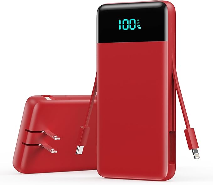 YHO Portable Charger 13800mAh for iPhone with Built-in Cables & AC Wall Plug,5-in-1 USB-C Power Bank,LCD Display External Battery Pack Phone Charger Compatible with iPhone 16/15/14,Android (Red)