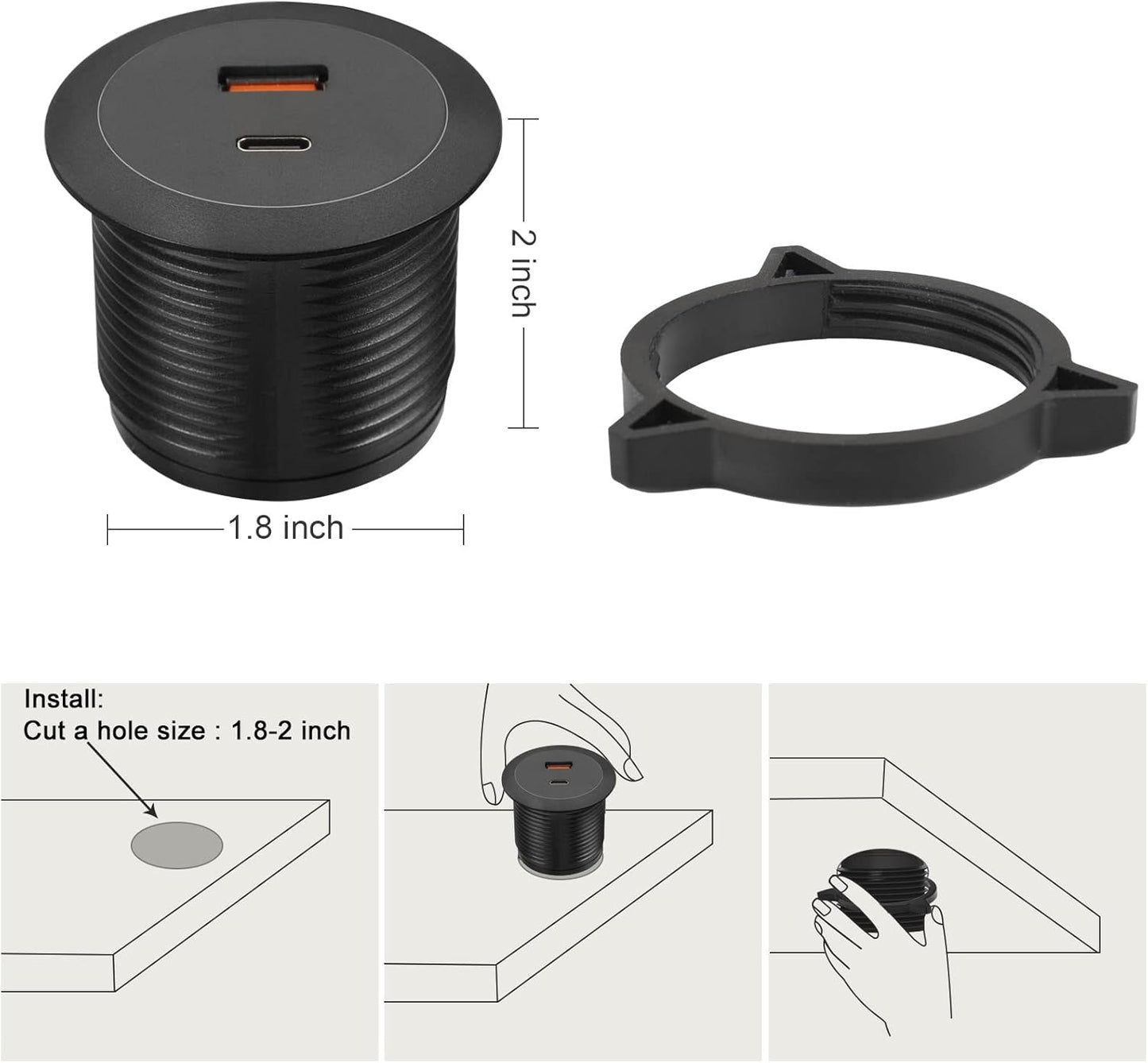 Desk USB Power Grommet Outlet, Built-in 1 USB-A and 1 USB-C Ports, USB Hub for Sofa, Couch, Table, Bedside, Workbench, Office, Home, 5 FT Power Cord