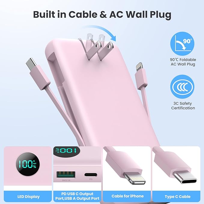 Portable Charger 33800mAh USB C Power Bank with Built-in Cables & AC Wall Plug,25W Fast Charging+QC 4.0 Phone Charger,4 Output LCD Display Battery Pack Compatible with iPhone16/15,Samsung,Android etc
