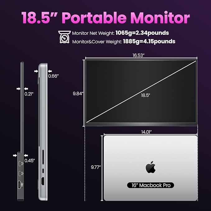Large Portable Monitor 18.5 inch FHD 1920x1080p 100 Hz 130% sRGB HDR HDMI USB-C Portable Gaming Monitor VESA Compatible, External Second Screen for Laptop, MacBook, Surface, PC, Game Console