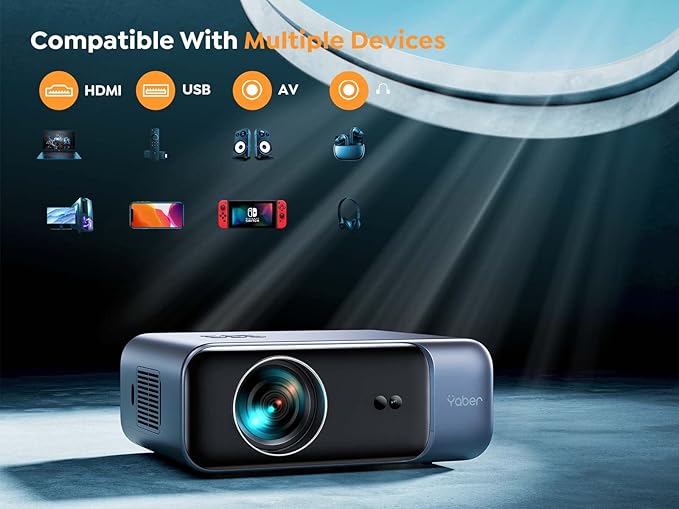 [Auto Focus/4K Support] Projector with WiFi 6 and Bluetooth 5.2, YABER Pro V9 Native 1080P Outdoor Movie Projector, Auto 6D Keystone & 50% Zoom, Home Theater Projector for Phone/TV Stick/PC