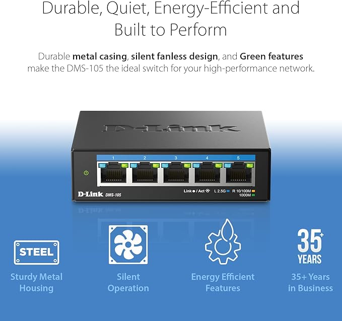 D-Link 5-Port 2.5GB Unmanaged Gaming Switch with 5 x 2.5G - Multi-Gig, Network, Fanless, Plug & Play (DMS-105),Black