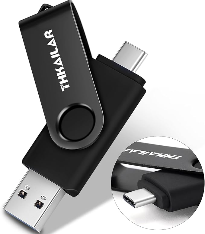 Thkailar USB 3.1 Flash Drive 128GB 2-in-1 Memory Stick with USB and Type-C Port Compatible with iPhone 15, Mac Pro, Laptops, Tablets, PC High-Speed Data Transfer (Black)