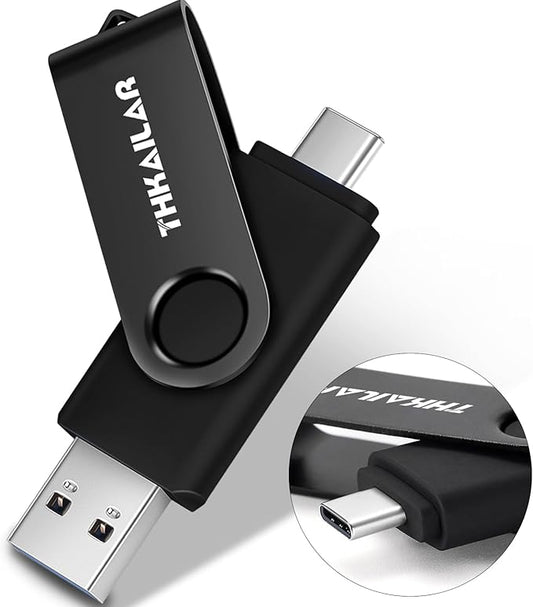 Thkailar USB 3.1 Flash Drive 128GB 2-in-1 Memory Stick with USB and Type-C Port Compatible with iPhone 15, Mac Pro, Laptops, Tablets, PC High-Speed Data Transfer (Black)