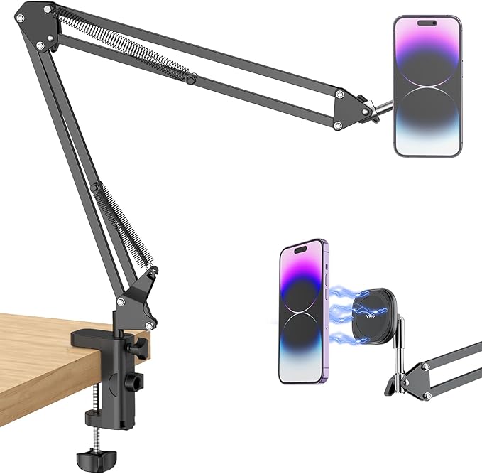 VRIG Magnetic Phone Holder Mount for Desk,MagSafe Flexible Overhead Phone Mount Stand,360° Free Adjustable Long Arm Cell Phone Stand for Desk/Bed for iPhone and More/Android,Magnetic Ring Included
