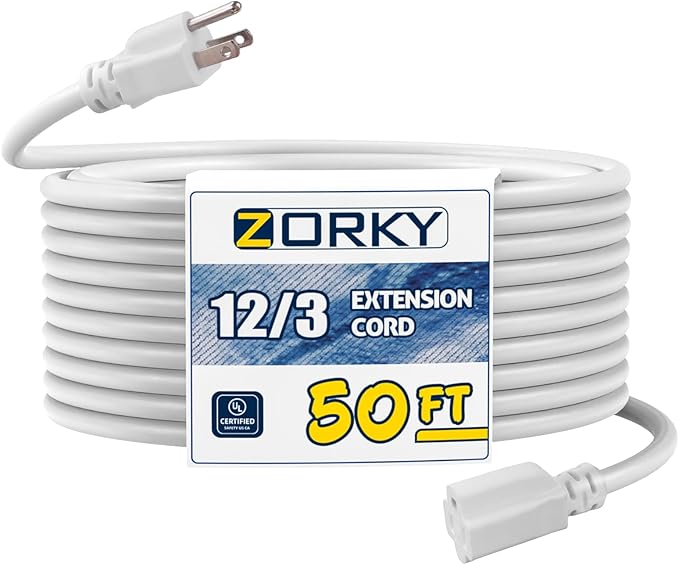 50ft Indoor Outdoor Extension Cord - 12/3 SJTW Heavy Duty Extension Cable with 3 Prong Grounded Plug for Safety -15Amp 1875W White Electric Cord Great for Garden, Appliances