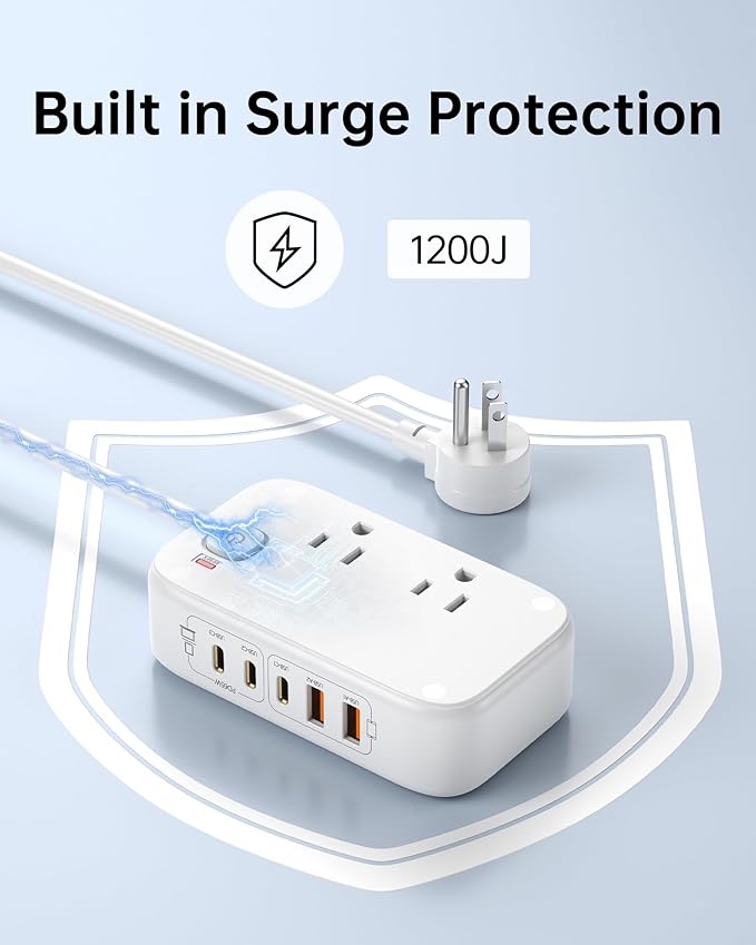USB Charging Station for Multiple Devices PD 65W USB Power Strip Surge Protection 1200J, 5FT Flat Extension Cord Desktop USB Charging Hub for Travel,Home,Office,School,Dorm(White, 65w)