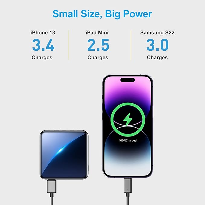 Portable Charger 12000mAh with Built-in Cables,22.5W Fast Charging Power Bank,USB C Input/Output,Smart LED Display,Compact External Battery for iPhone 15,Samsung Galaxy,iPad,Tablets