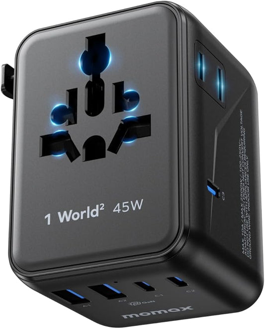 MOMAX Universal Travel Adapter, GaN PD 45W Fast International Power Adapter