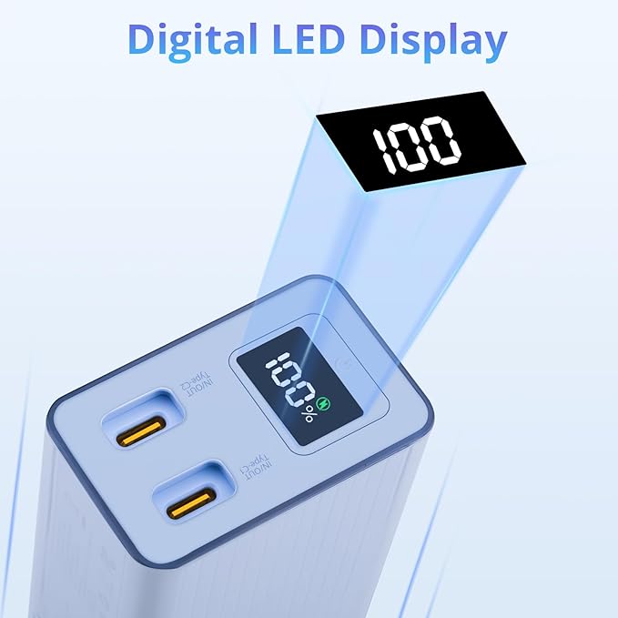 Miady Portable Charger Built-in Foldable Wall Plug, PD 30W 10000mAh Compact Power Bank has USB-C Cable&LED Display, Travel Essential Battery Pack Compatible with iPhone Galaxy SmartPhones (Cream Blue)