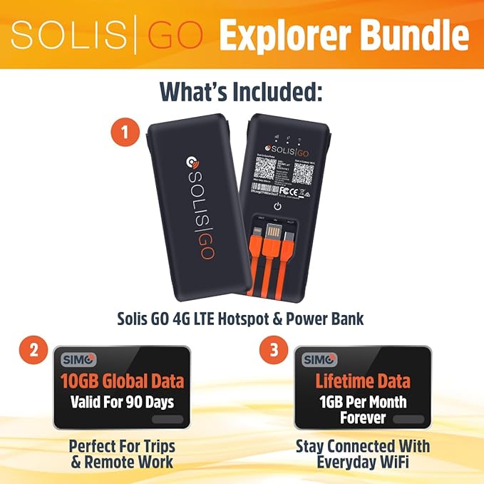 SIMO Solis Go – 4G LTE Hotspot and Power Bank | Includes Lifetime Data (12GB Per Year) and 10GB Global Data | Multi-Carrier | Internet in 140+ Countries | No Contract | Mobile Wi-Fi for Travel