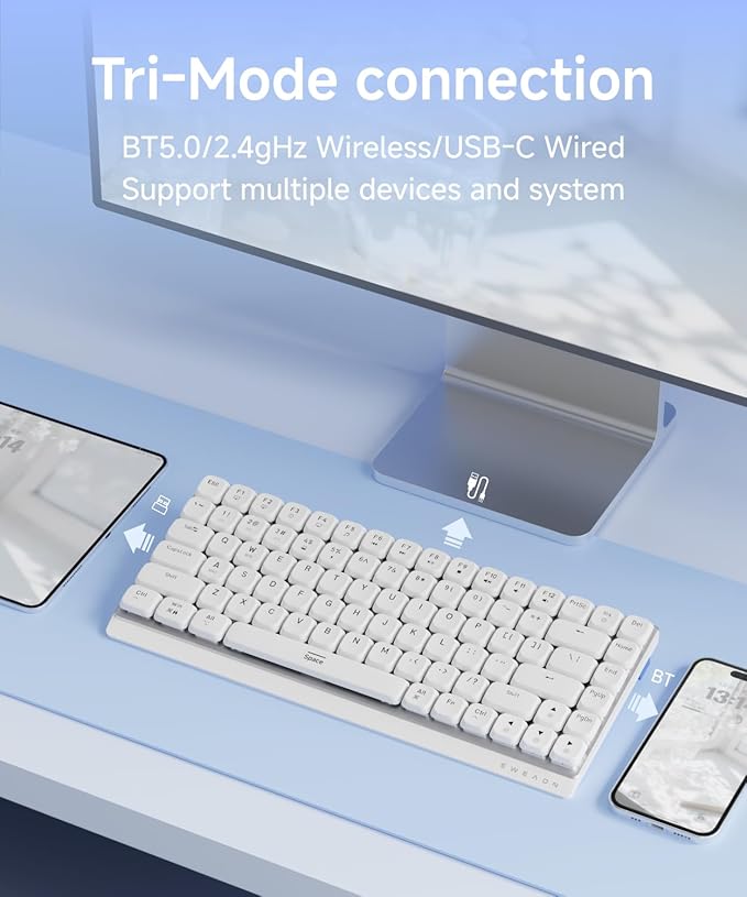 EWEADN MK84 75% Wireless Low Profile Mechanical Keyboard Tri-Mode Connect with White Backlight Mechanical Keyboards Wireless, Brown Switch Bluetooth/2.4GHz/USB-C Wired Cute Keyboard-White
