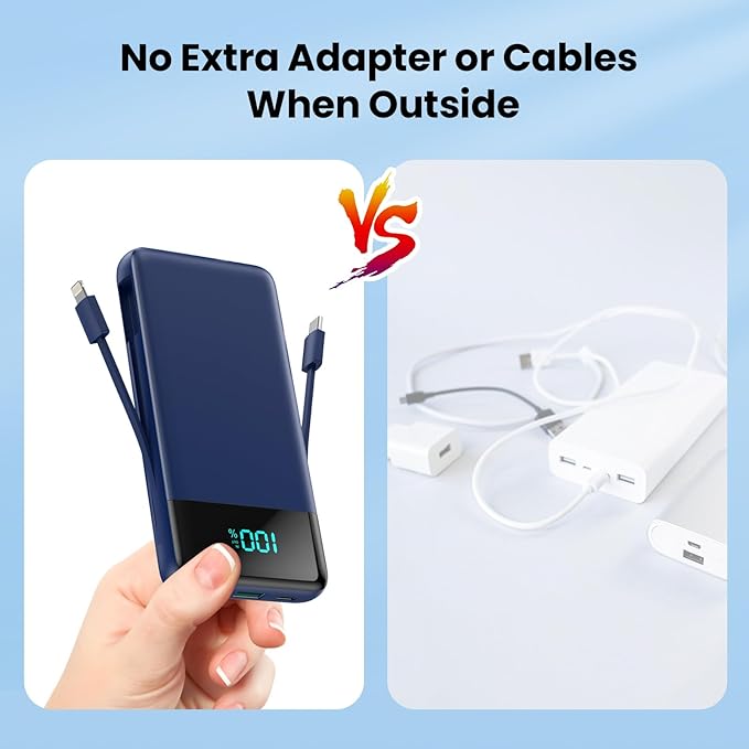 Portable Charger 13800mAh Power Bank with Built-in Cables,LCD Display Fast Charging USB C Battery Pack,4 Outputs Travel Essential Portable Phone Charger for iPhone 16/15/14/13,Android (Navy Blue)