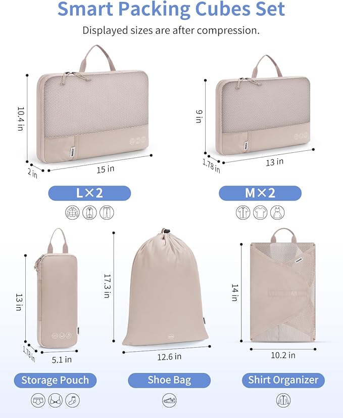 WANDF 7 Set Compression Packing Cubes for Travel, Shirt Folder for Wrinkle-Free, Suitcase Organizer Bags Set for Carry-On Checked Luggage Duffle Bag Women Men(Khaki)