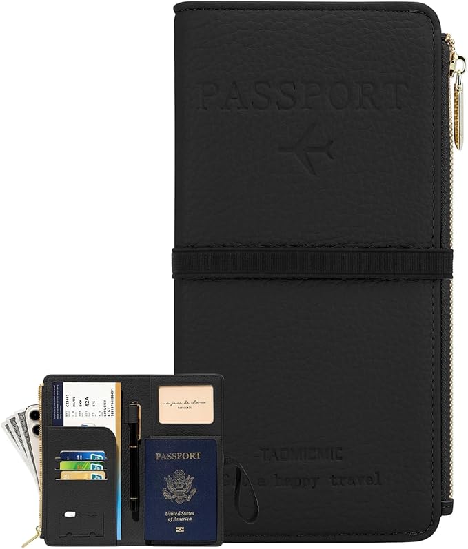 DOB SECHS Passport Holder for Travel Women Leather Passport Wallet RFID Blocking Passport Cover Case with Card Slots, Slim Travel Document Organizer Pouch Bag Zipper Cash Pocket Purse+ID Window, Black