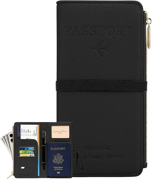 DOB SECHS Passport Holder for Travel Women Leather Passport Wallet RFID Blocking Passport Cover Case with Card Slots, Slim Travel Document Organizer Pouch Bag Zipper Cash Pocket Purse+ID Window, Black