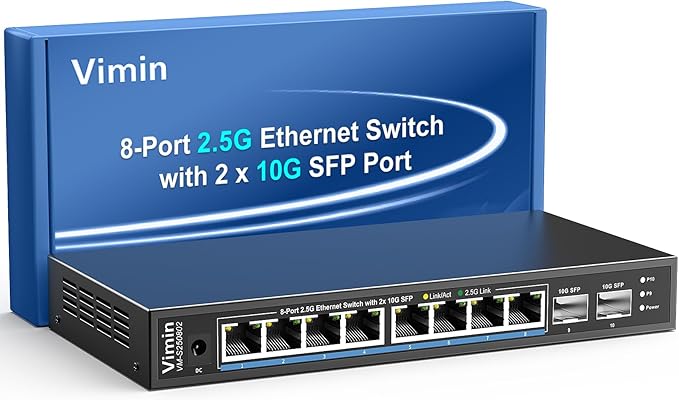 10 Port 2.5G Switch Unmanaged, VIMIN 8X 2.5G Switch Base-T Ports+2X 10G SFP Port, 80Gbps Switching Capacity, IEEE802.3, Metal Housing, Fanless, Work for 2.5Gbps NAS, Wireless AP & PC