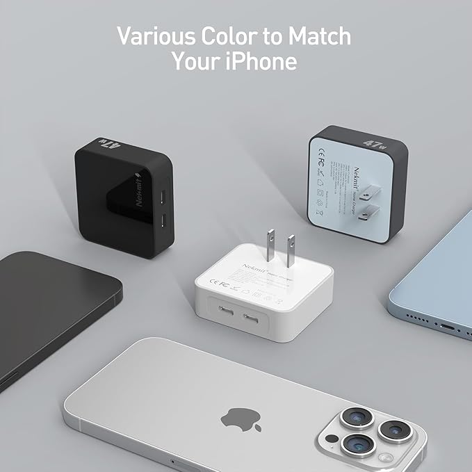 Nekmit Flat USB C Wall Charger, 47W Dual Ports USB C Charger Block, PPS Fast Charging Wall Plug for iPhone 15/15 Pro/15 Pro Max, Galaxy, MacBook Air, iPad, AirPods and More (White)