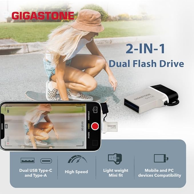 GIGASTONE 128GB Nano Luxus Dual Drive (5 Pack) Z50 USB 3.2 Gen 1, 2-in-1 USB-A & Type-C, 100MB/s Ultra Fast, Cap Design, Metal, Plug & Play for Smartphone/PC/Mac/TV/Car, 2.0/3.0/3.1 Compatible