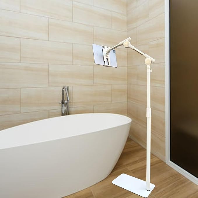 Tablet Floor Stand Holder, 360 Degree Rotating with Height Adjustable Stand Compatible with 4.7"-13" Phone/Tablet, Kindle, 63" Phone Stand, Aluminum Alloy, for Bed,Sofa,Desk（White）